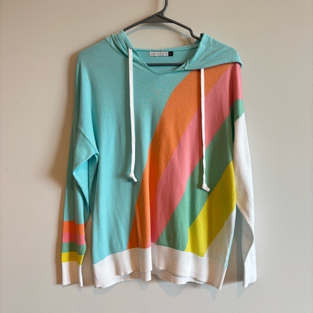 Zaket & Plover Pastel Rainbow Wide Striped Long Sleeve Hoodie Shirt XS Cotton - Picture 2 of 5